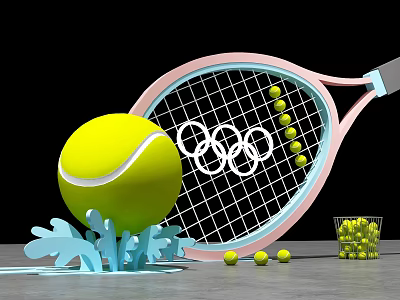 Commercial Tennis Training Equipment Featuring Olympic Rings Racket Scattered Balls And Container 3d model