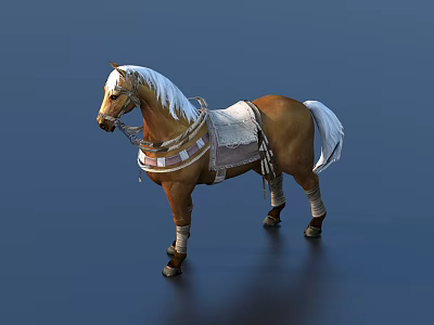 Brown Horse With White Mane And Tail Wearing Decorative Saddle And Harness 3d model