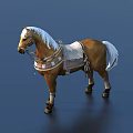 Brown Horse With White Mane And Tail Wearing Decorative Saddle And Harness