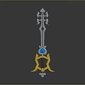 Blue And Gold Key Shaped Weapon With Decorative Blue Gem Elements 3d model