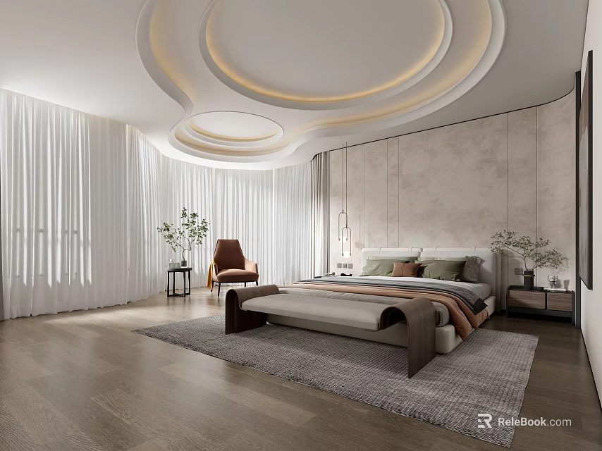 Modern Bedroom Interior With Bed Wall Design Curtain Rug And Chair Lighting 3d model 