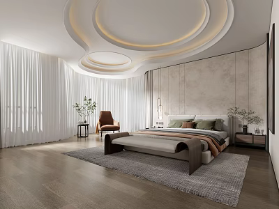 Modern Bedroom Interior With Bed Wall Design Curtain Rug And Chair Lighting 3d model