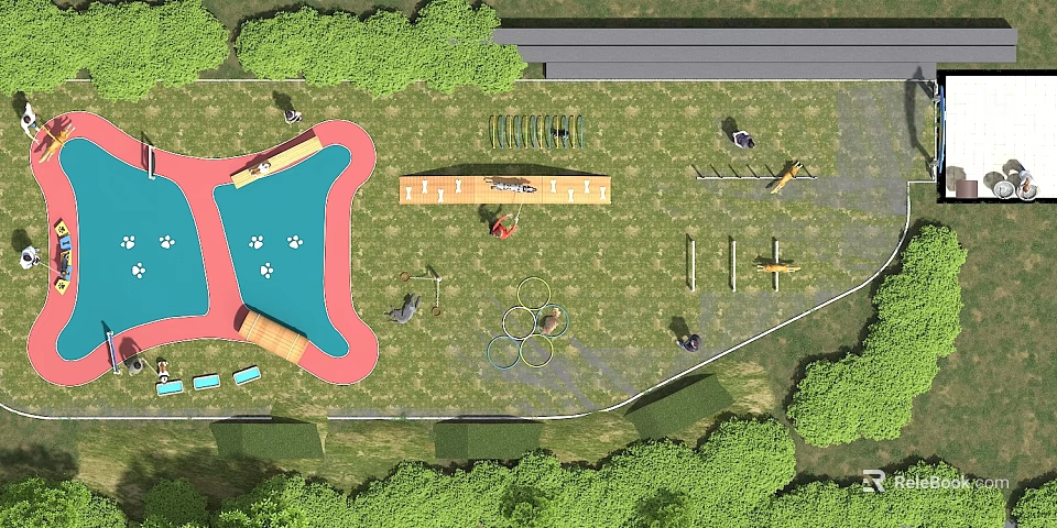 Outdoor Park Playground With Green Grass Trees Slide Swings And Hoops 3d model 