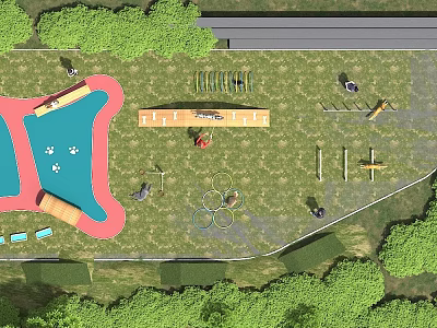 Outdoor Park Playground With Green Grass Trees Slide Swings And Hoops 3d model