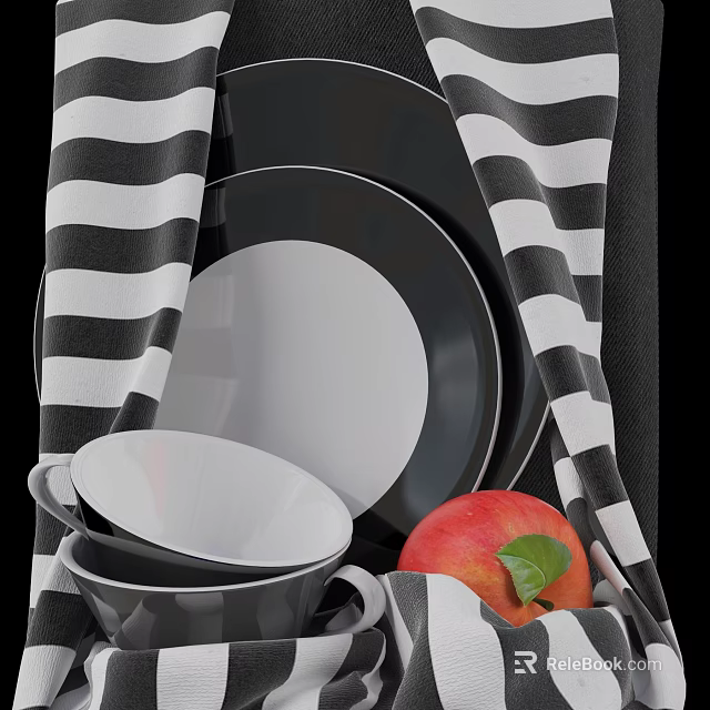 Stylish Black And White Dinnerware Set With Plates Bowls And Fresh Apple On Striped Cloth 3d model 