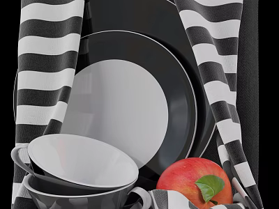 Stylish Black And White Dinnerware Set With Plates Bowls And Fresh Apple On Striped Cloth 3d model