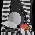 Stylish Black And White Dinnerware Set With Plates Bowls And Fresh Apple On Striped Cloth