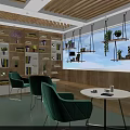 Cozy School Lounge With Green Chairs Round White Tables Wooden Bookshelves And Hanging Plants