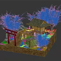 Whimsical Cartoon Scene With Red Torii Gate Japanese House And Pink Cherry Blossoms