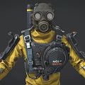 Game Movie Character In Yellow Protective Suit With Gas Mask And Backpack Gear