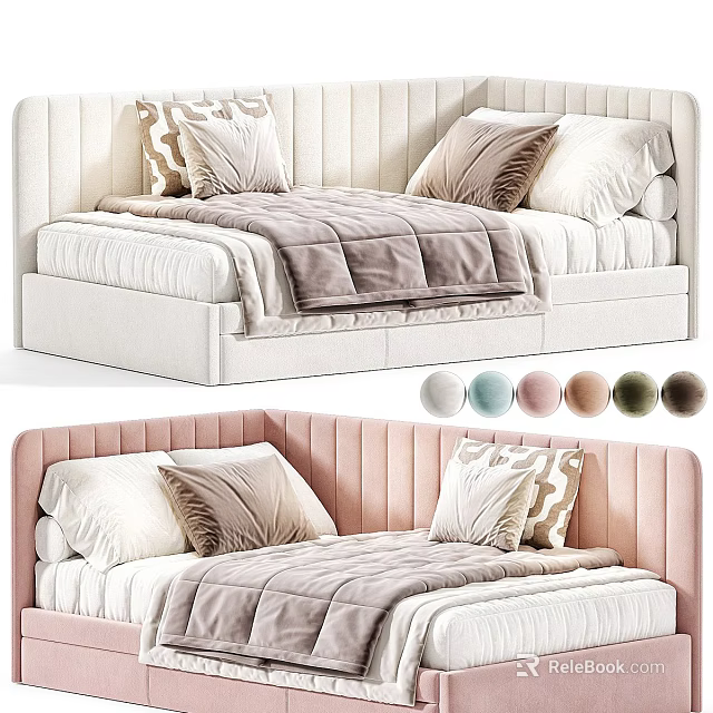 Modern Kids Bed With Vertical Striped Headboard Pillows And Multiple Color Options 3d model 