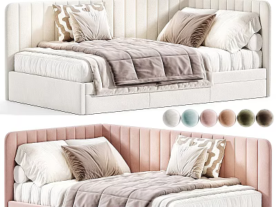 Modern Kids Bed With Vertical Striped Headboard Pillows And Multiple Color Options 3d model