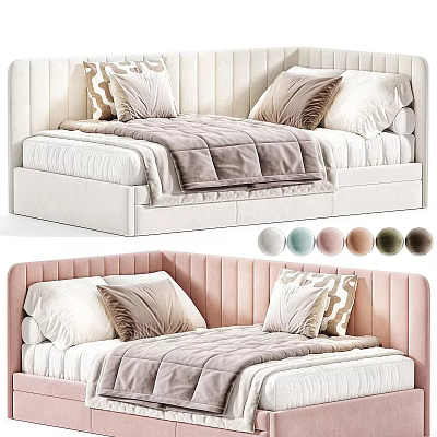 Modern Kids Bed With Vertical Striped Headboard Pillows And Multiple Color Options 3d model
