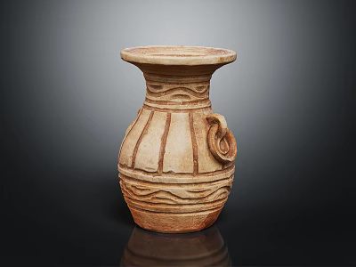 Terracotta Ceramic Vase With Carved Stripes Wave Designs And Loop Handle 3d model