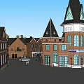 Charming Commercial Street Featuring Red Brick Buildings Central Fountain and Pedestrians Walking
