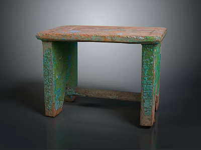 Vintage Wooden Table with Rectangular Distressed Green Red Top and Textured Legs 3d model