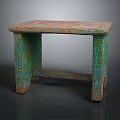Vintage Wooden Table with Rectangular Distressed Green Red Top and Textured Legs