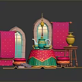 Colorful Arabian Dining Table With Teapot Cups Poufs Red Curtains And Arched Windows