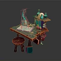 Enchanted Wizard Workbench With Wooden Table Stool Shelf Glowing Book Skull And Teal Smoke