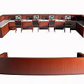 Curved Wooden Reception Desk With Multiple Computer Monitors And Office Chairs 3d model