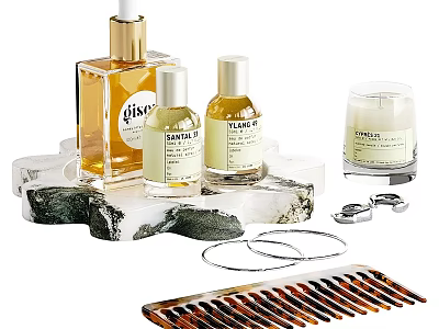 Elegant Decorative Ornament Set With Fragrance Bottles Candle Jewelry And Comb On Stone Base 3d model