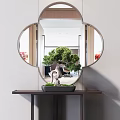 Elegant Console Table Interior With Clover Shaped Mirror And Potted Pine Tree 3d model