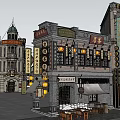 Historic Commercial Street With Traditional Style Buildings Shops Signboards and Tracks