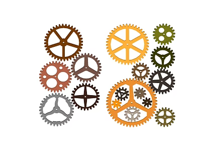 Hardware Tools Featuring Diverse Colored Gears in Various Sizes and Metal Components 3d model