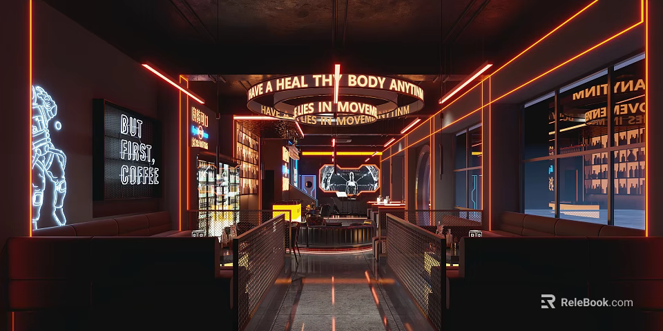 Stylish Modern Bar Interior With Neon Coffee Signs Seating Area And Ambient Lighting 3d model 