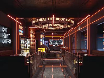 Stylish Modern Bar Interior With Neon Coffee Signs Seating Area And Ambient Lighting 3d model