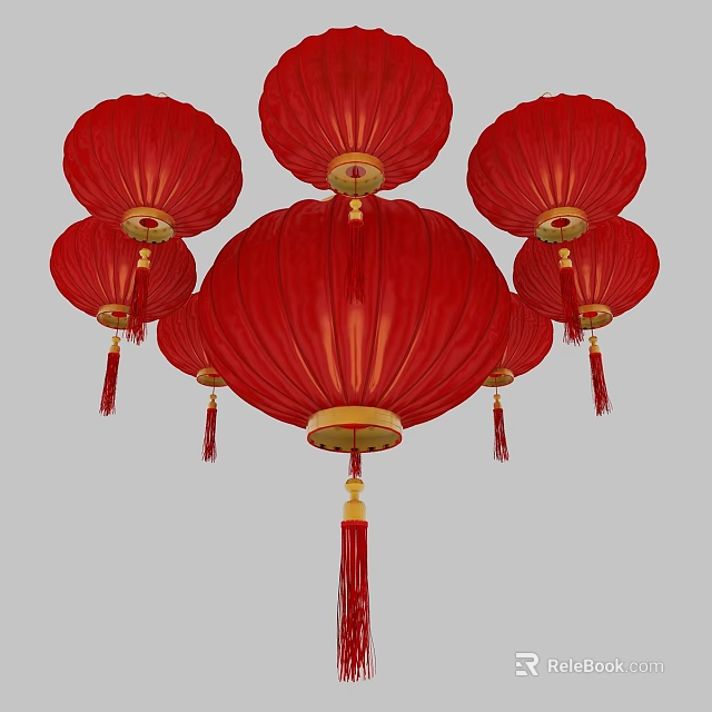 Traditional Red Lanterns with Golden Accents and Tassels Hanging in Group 3d model 