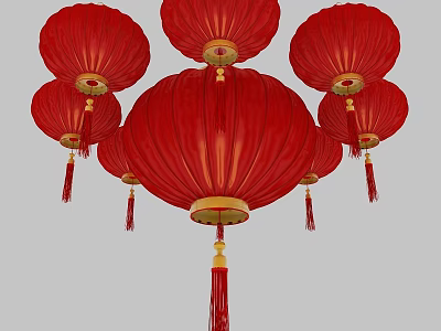 Traditional Red Lanterns with Golden Accents and Tassels Hanging in Group 3d model