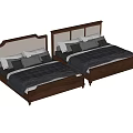 Two Modern Wooden Double Beds With Upholstered Headboards And Gray Bedding