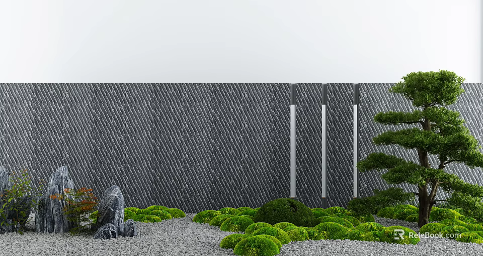 Courtyard Garden Featuring Raindrop Texture Stone Wall Green Shrubs Pebble Pathway And Pine Tree 3d model