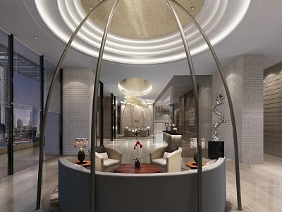Modern Hotel Lobby With Circular Dome Sofas Floor to Ceiling Windows and Marble Flooring 3d model
