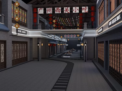 Guangzhou Xiguan Snack Mall Shops With Traditional Chinese Decorations Lanterns And Stone Pathway 3d model