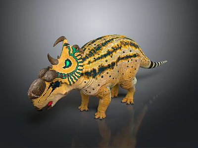 Vibrant Triceratops Dinosaur Figurine With Yellow Body Black Stripes Green Eyes and Decorative Horns 3d model