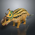 Vibrant Triceratops Dinosaur Figurine With Yellow Body Black Stripes Green Eyes and Decorative Horns