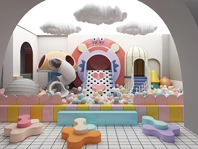 Vibrant Kids Playground With Colorful Ball Pit Slide Cloud Decorations And Building Blocks 3d model