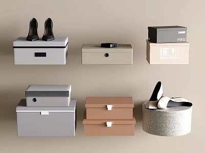Decorative Accessory Set With Storage Boxes Shoes And Textured Containers In Gray Beige Brown 3d model