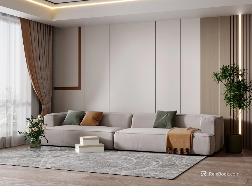 Light Gray Double Sofa In Modern Living Room With Green Brown Cushions And Throw Blanket 3d model 