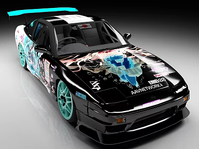 Black Sports Car With Anime Themed Wrap Teal Wheels And Spoiler 3d model
