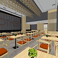 Modern Restaurant Interior With Wooden Partitions Dining Tables Chairs And Gray Floor