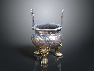 Silver Tripod Censer Featuring Twin Handles Animal Claw Feet And Intricate Carvings Inscriptions 3d model