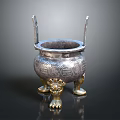 Silver Tripod Censer Featuring Twin Handles Animal Claw Feet And Intricate Carvings Inscriptions