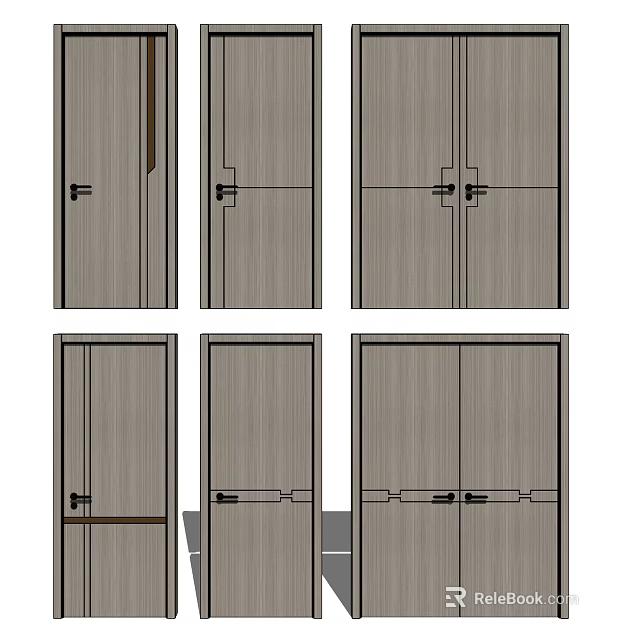 Wooden Texture Swing Doors With Different Single And Double Panel Interior Design 3d model