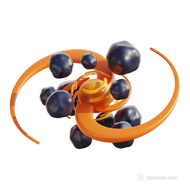 Creative Decorative Ornament Set With Orange Spiral And Navy Blue Spheres 3d model 