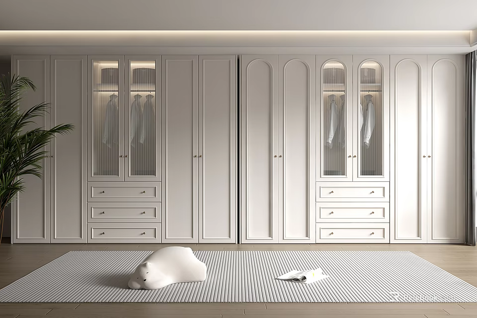 Modern White Wardrobe With Glass Doors Hanging Clothes And Drawers Interior Design 3d model 