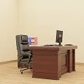 Brown Wooden Office Desk With Computer Monitor Mouse Phone Black Chair And Blue Pink Folders