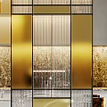Transparent Glass Partition With Golden Circular Decorations And Geometric Metal Frames